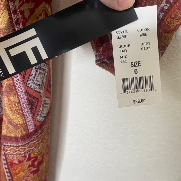 Leslie‎ Fay Midi Faux Wrap Dress Womens Size 6 Wine Patchwork Career Office - Picture 4 of 14